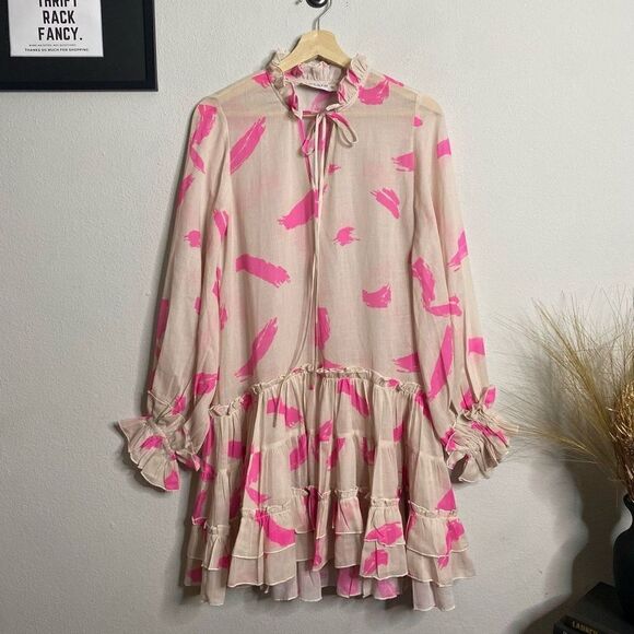 KLEID Dress Ruffle Printed Long Sleeve Pink Sheer Mini Dress Size XS - Picture 2 of 7